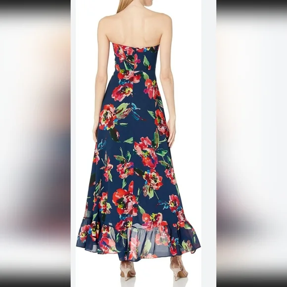NWT Shoshanna Midnight Navy And Red Floral Strapless High-Low Dress